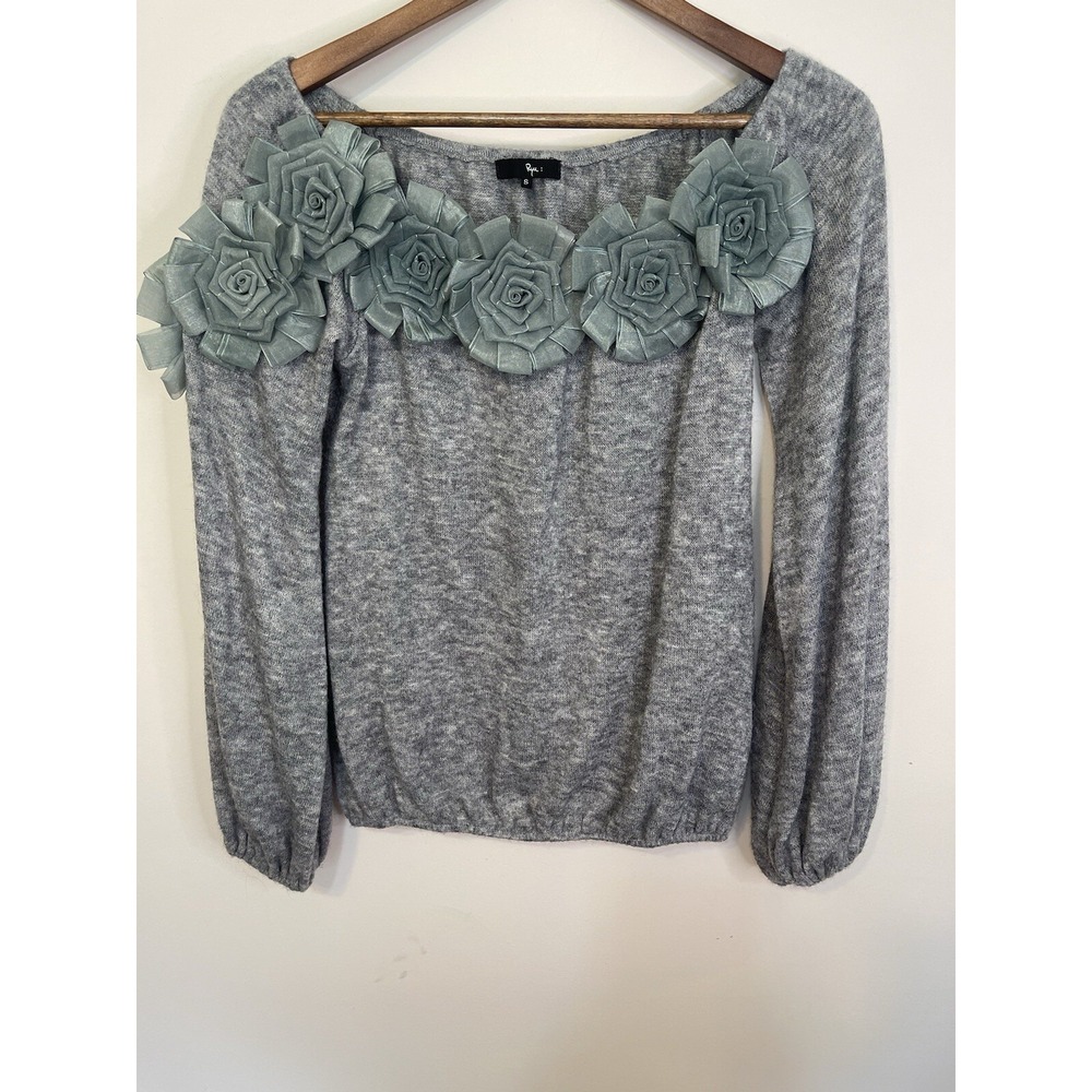 Ryu Anthropology Sweater Ladies Gray Balloon Sleeves‎ Elastic Waist Rosettes S
